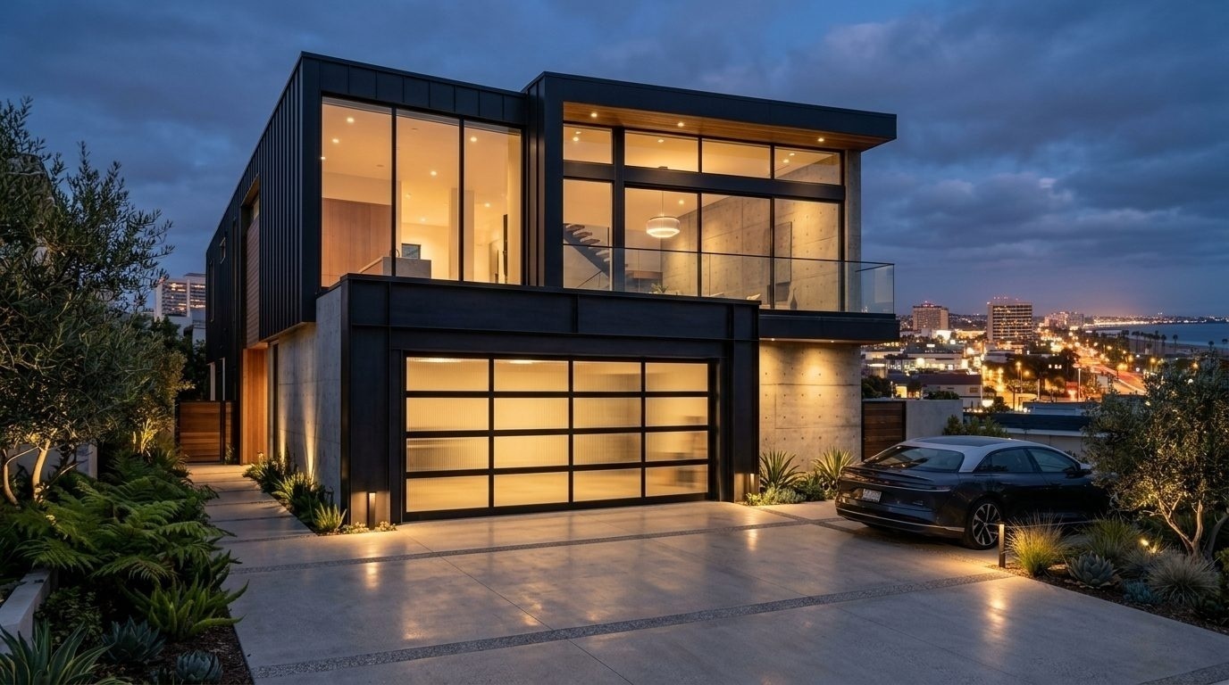 Caron Garage Door Services Exterior Closed Garage Door at Twilight
