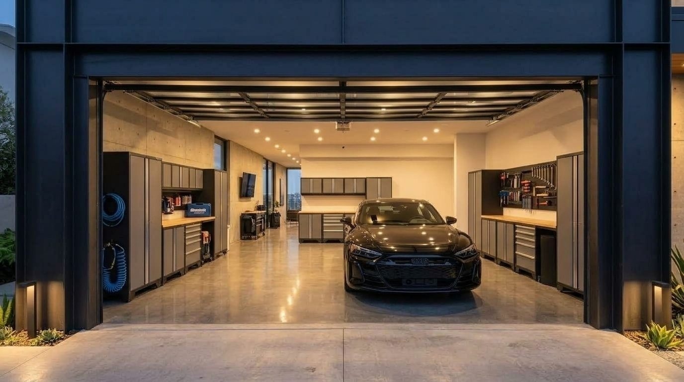 Caron Garage Door Services Interior View of Custom Garage Door Overhead and Workshop